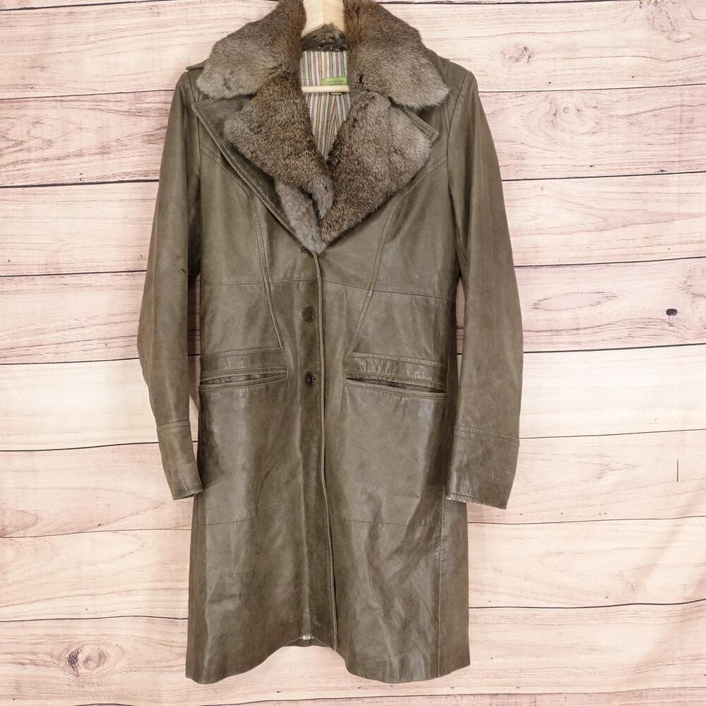 John Carlisle‎ Essentials Leather Coat Womens Medium Long Brown Faux Fur Collar